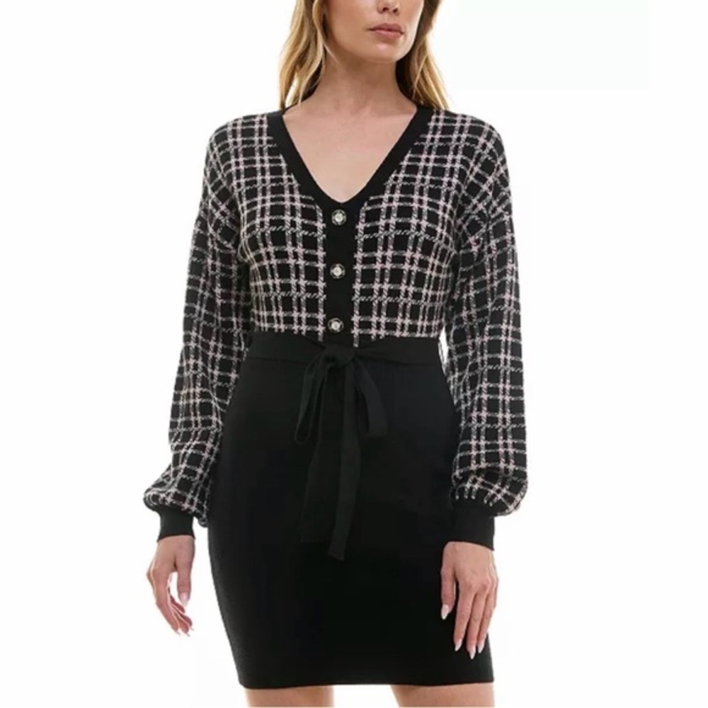 BCX Juniors' V-Neck Long-Sleeve Tie-Waist Sweater Dress New small black